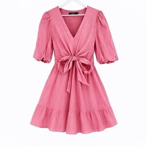 Ralph Lauren Women's 12 Pink Puff Sleeve Dress Tie Front Bow Coquette Feminine
